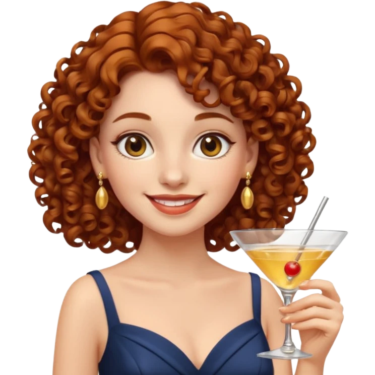 young elegant lady emoji, curly auburn hair, cocktail dress, gold earrings, warm smile emoji