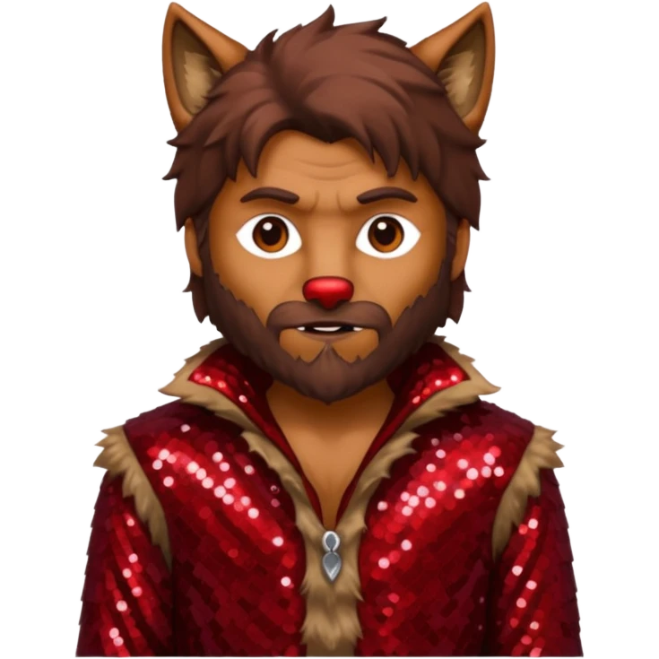 The Wolf Man with tan skin brown hair and fur, dark red sequin outfit emoji