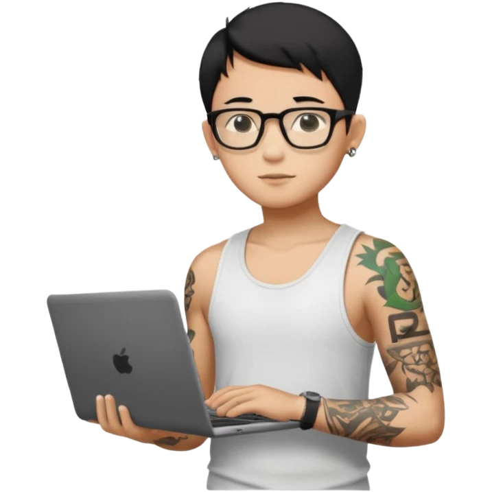A young boy with A macbook laptop, black straight short hair, wearing glasses, wearing a tanktop, has tattoos, he is asian, no earrings, he's holding a laptop

Add the letters "P I F" floating around emoji