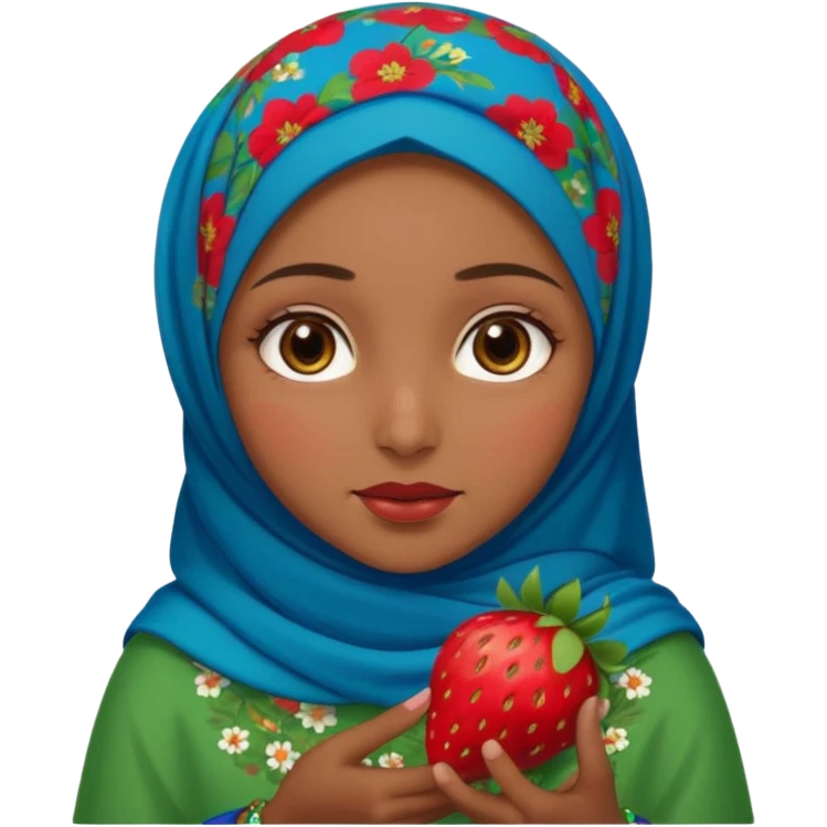 Turkish beautiful finish Konya girl brown eyes with red blue green flowers hijab and brown islamic dress and had on her hand strawberry  emoji
