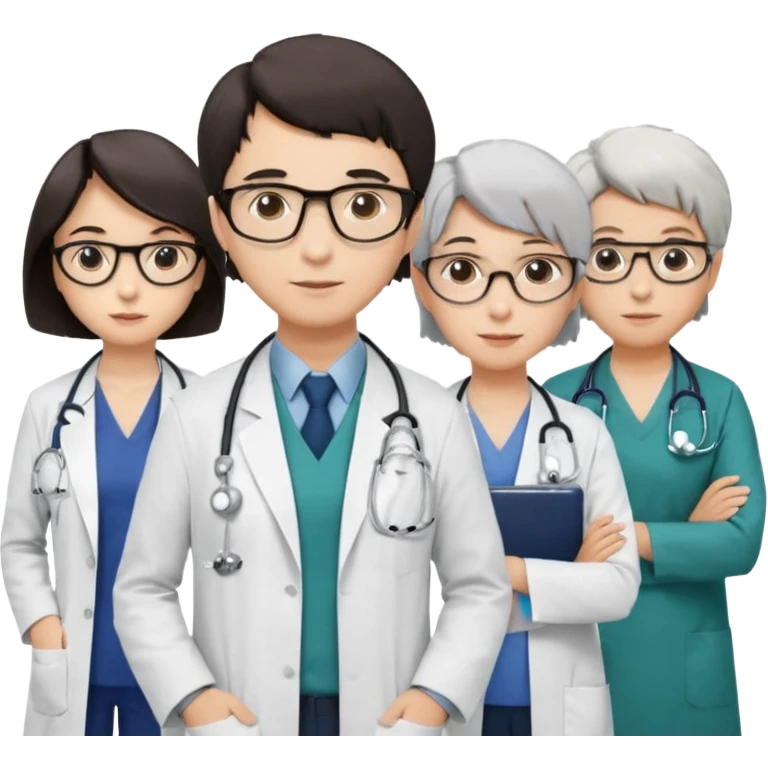 Four doctors standing together:

a female doctor with dark-colored short bob hair,

a young male doctor,

an older male doctor with white hair wearing glasses,

and a female doctor wearing glasses. emoji