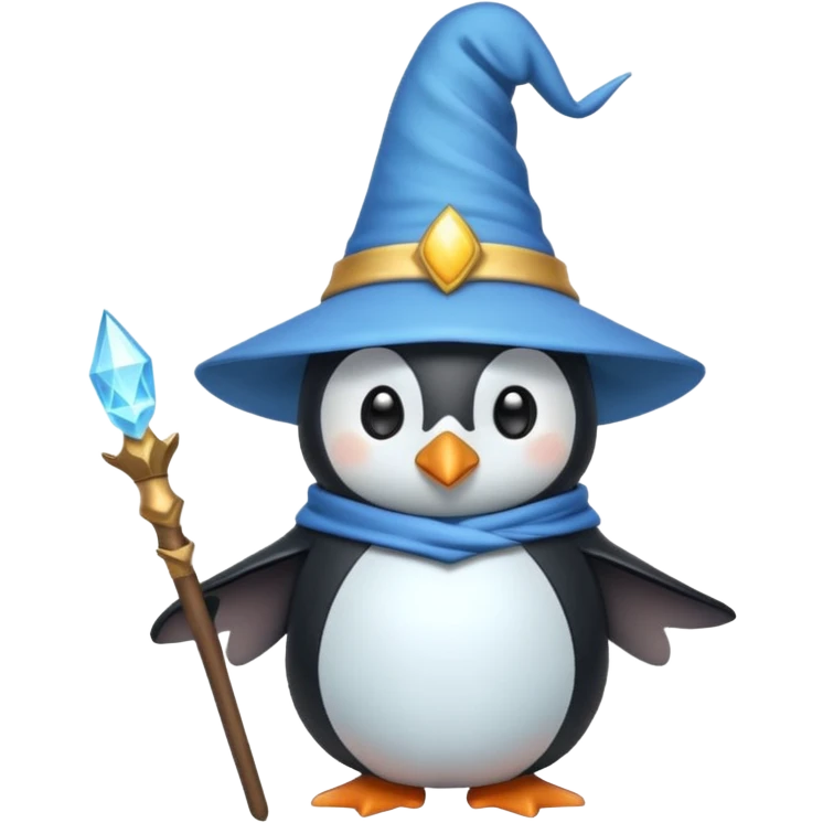 penguin wizard with a pointy hat and magic staff, whimsical emoji style emoji