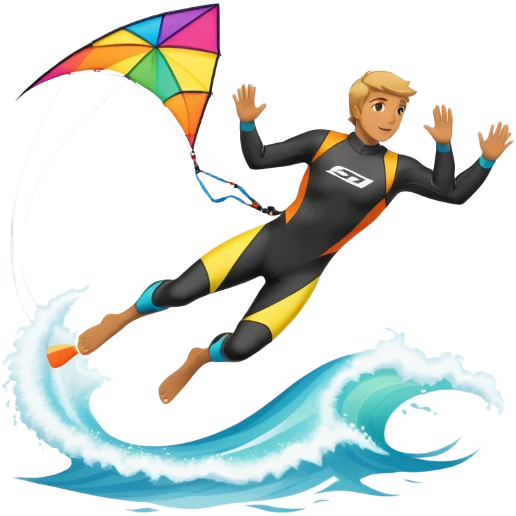 A kitesurfer soaring through the sky, harnessing the wind on a bright, colorful kite. The scene shows the surfer gliding over the water with the kite above, emphasizing the freedom, speed, and thrill of the sport in a dynamic coastal setting. emoji