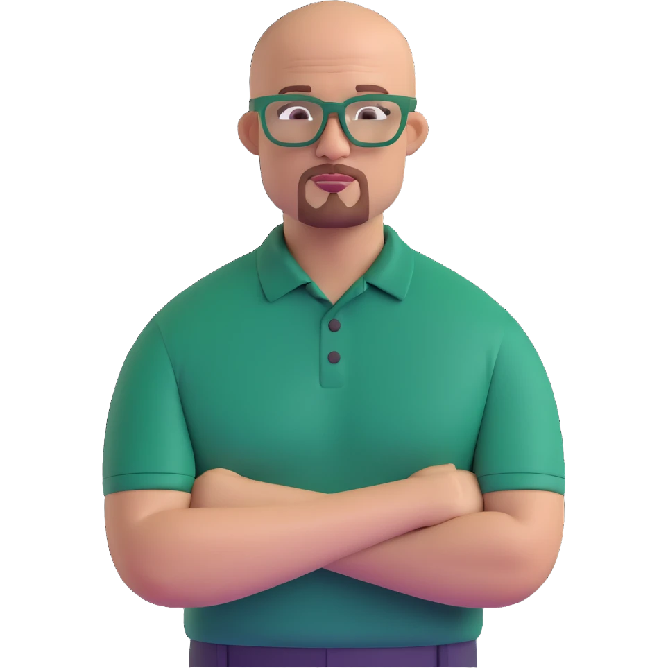 muscular bald man with a red chin goatee, wearing a dark green polo shirt and dark green glasses emoji