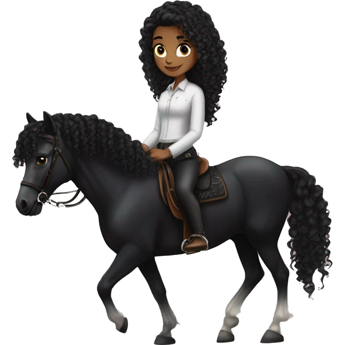 White girl, long black curly hair, next to a black Arabian horse emoji