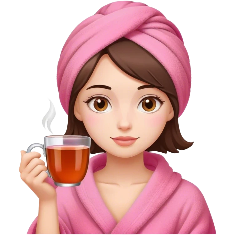 a girl in a pink towel with a mug of tea emoji
