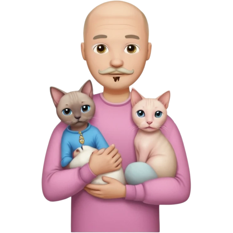A bald white man in a shirt with a moustache and beard is holding a Siamese cat in his arms. Next to him stands a woman with light hair in a pink dress, holding a white Sphynx cat in her arms emoji