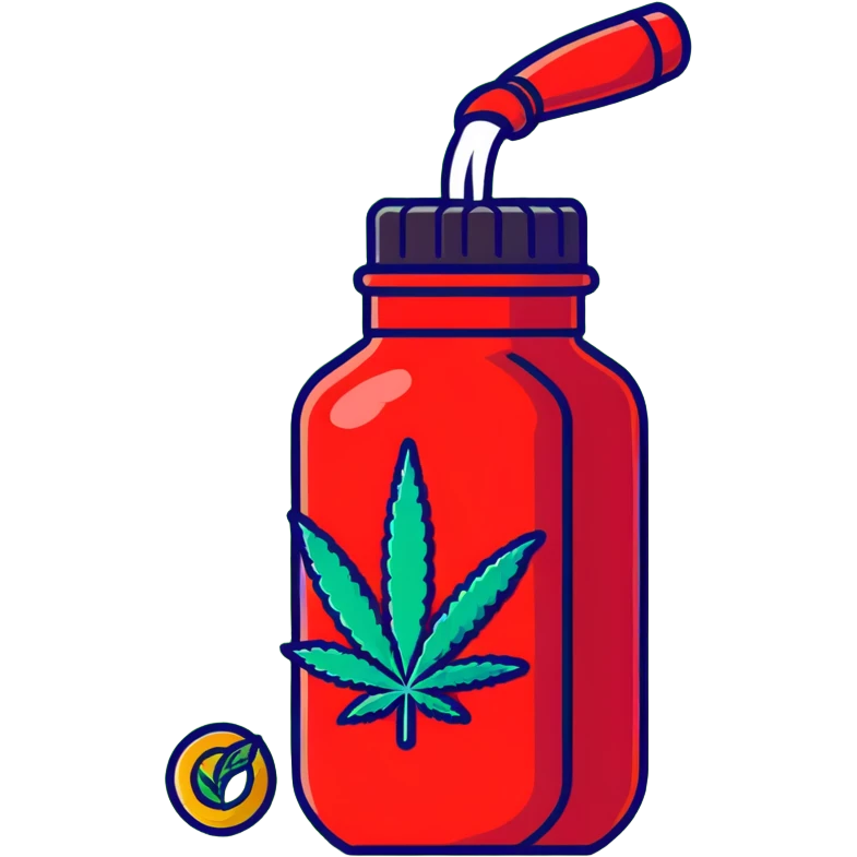 bright red gasoline canister surrounded by a banana, an apple, grapes, and a cannabis leaf, red fuel can with fruits and marijuana leaf arranged around it emoji