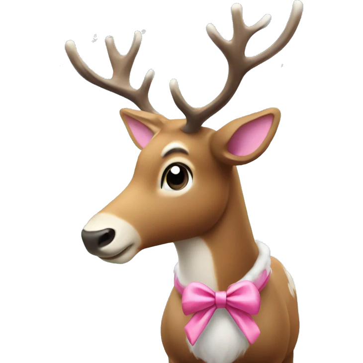 reindeer standing in snow with a pink bow on its ear emoji