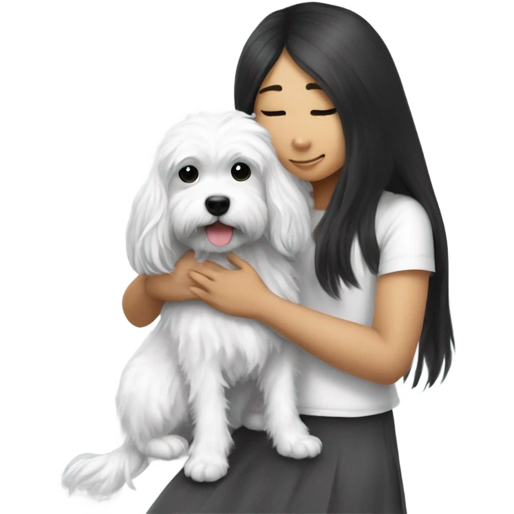 Black and white cavoodle getting hugged by long hair Asian girl emoji