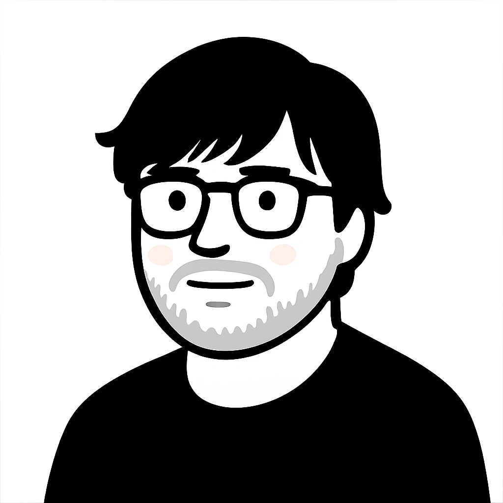 A man with glasses, longer messy hair with bangs that partially cover his forehead, a round face shape, a broader nose, and a short fine beard emoji