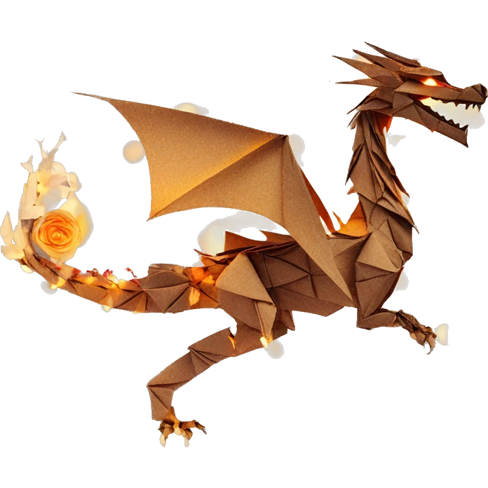 Charred flaming Beige Origami dragon made of newspapers on fire letters on fire burnt paper surrounded by fairy lights swirls covered in dried flowers bokeh floral flowers fire flames emoji