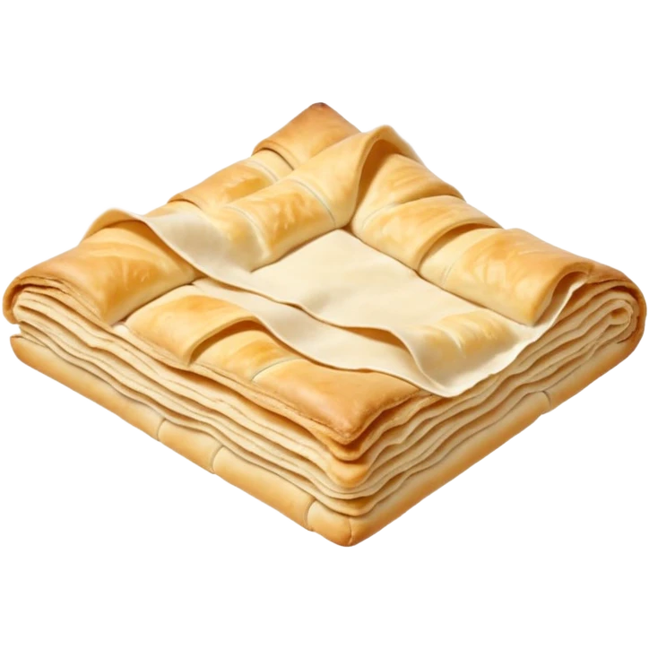 flat sheet of raw puff pastry, pale buttery tone, visible folded layers along edge, smooth matte surface, light flour dusting, slightly rounded corners, soft yet structured dough, no filling, no tools, no tray, soft lighting, subtle shadows, emoji scale emoji