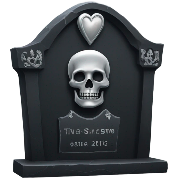 a black tombstone with the inscriptions in silver RIP and a silver heart emoji
