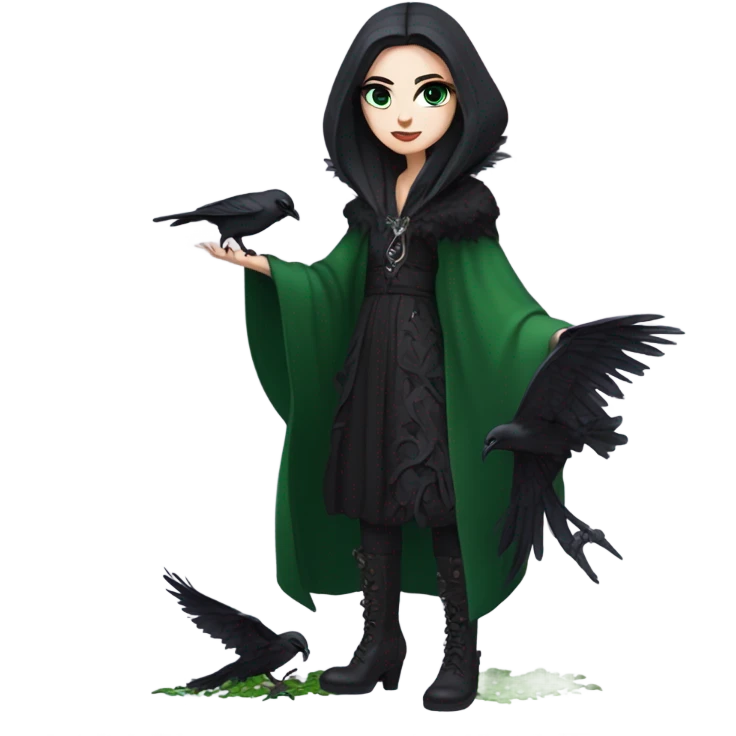 the morrigan goth woman version vines style furr robe stylish boots, perfect eyes, raven on hand, green vines decor on ground emoji