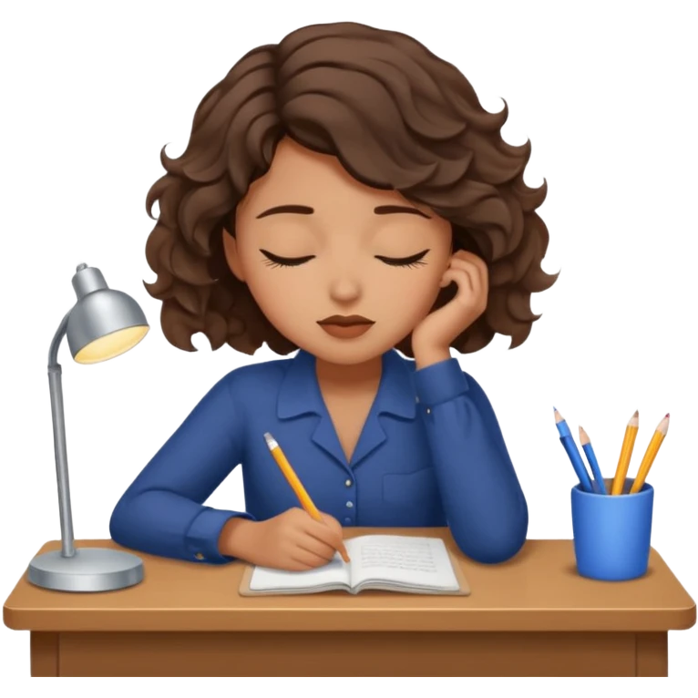 Pretty brown model, brown eyes, soft short wavy hair, falling asleep at desk emoji