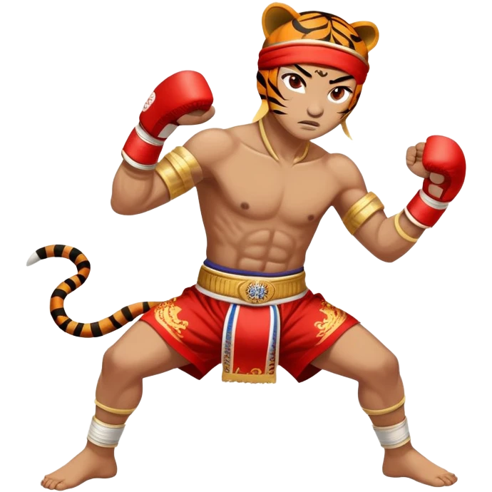 A fierce Muay Thai fighter wearing traditional mongkhon headband and elbow/knee wraps, in fighting stance with a tiger-like intensity, compact and stylized, with gold and red accents emoji