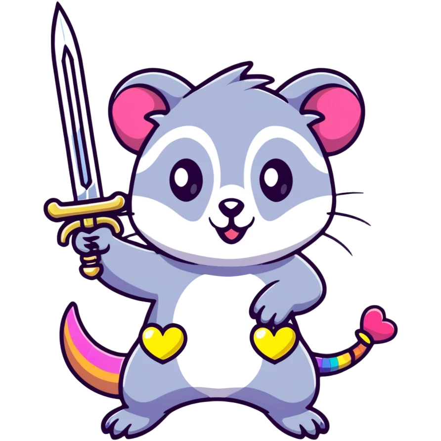 A rainbow-colored possum in heroic pose holding a jewel-encrusted sword, with glitter, hearts, and neon colors emoji