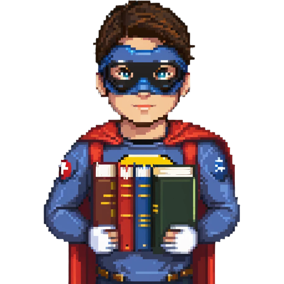 student with superhero mask and books emoji