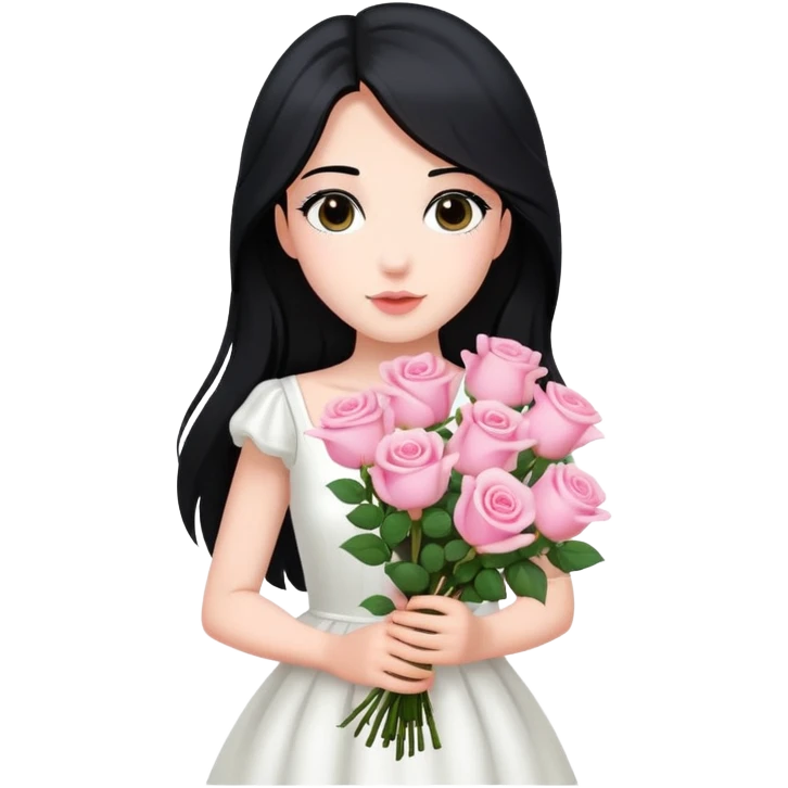A beautiful girl with long black hair and a white dress is holding a bouquet of pink roses emoji