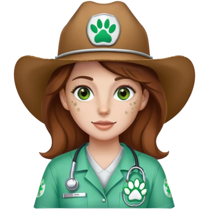 Pale Woman with brown hair and green eyes and freckles on her cheek bones wearing scrubs that have a paw print logo on the scrubs  and a cow girl hat emoji