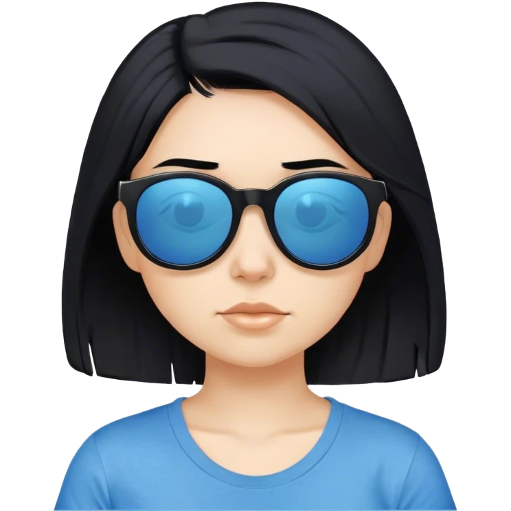 A girl with black bob hair with pony, wearing black sunglasses，funny looks， a blue t-shirt. emoji