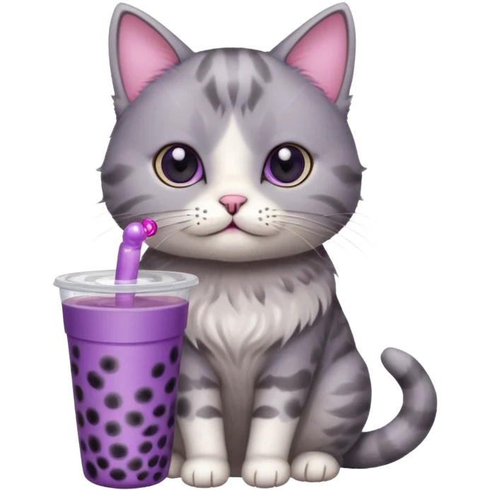 a cat drinking from a mini purple bubble tea cup, cat and bubble tea are different separate figures emoji