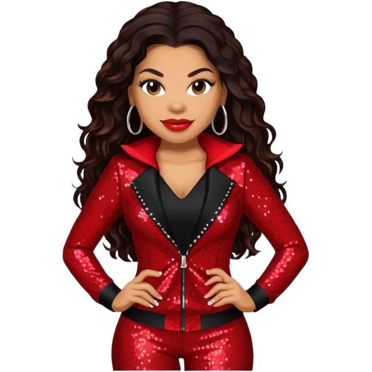 Jordin Sparks with long dark brown hair, red sequin outfit emoji