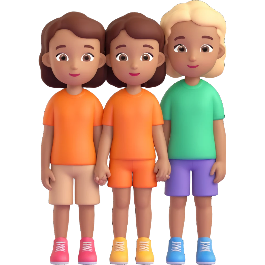 Create a new version combining the boy and girl into one image in the same cartoonish 3D style. Make their skin color the same for both characters. Keep the background neutral or transparent. Feel free to change their poses or arrangement for variety. emoji