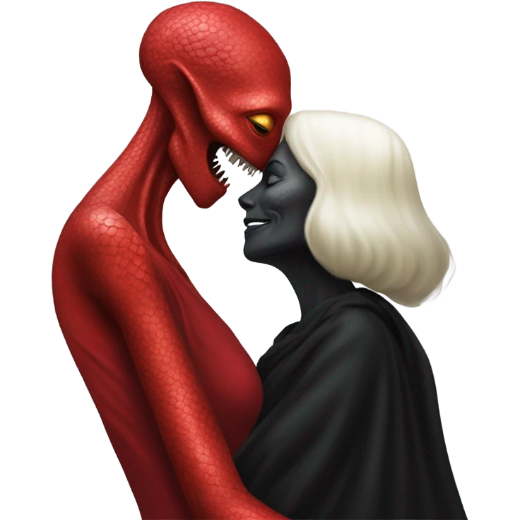 White man in black dress hugs and kissing Alien reptilian woman in red dress  emoji