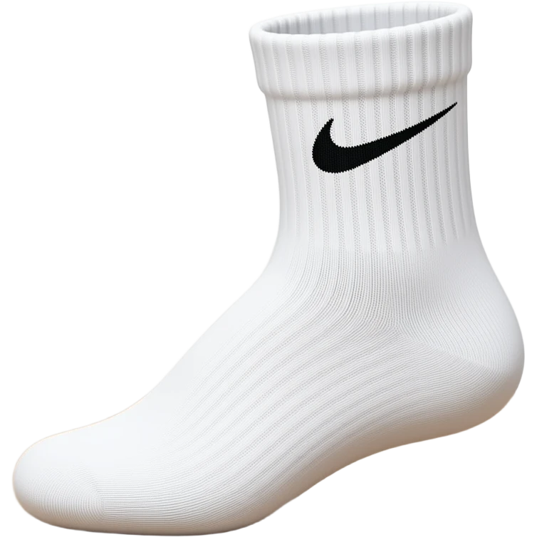 Vacuum sealed white Nike swoosh original sock close-up, ribbed texture, blurred wood. emoji