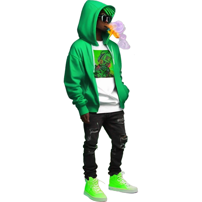 Multicoloured neon black and green graffiti person smoking wearing hoodie dancing hip hop bucket hat tropical Skater fashion aesthetic baggy clothes graphic t shirt 420 emoji