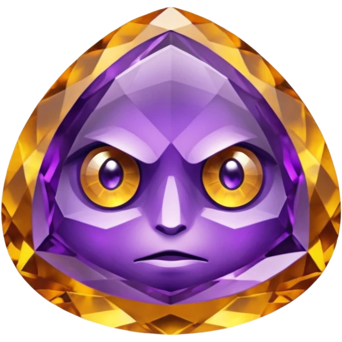 Single gemstone amethyst character, warm golden citrine, squat and heavy like a rock, with carved facets with eyes emoji