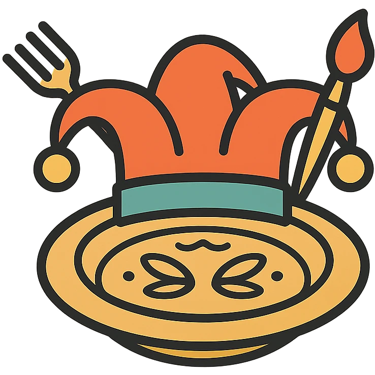 minimalist vector logo of a jester's hat with a fork and a paintbrush as two of the bells, sitting on a round plate with subtle hand-crafted ceramic patterns, warm and inviting flat colors, playful yet professional, creative culinary and pottery workshop emoji