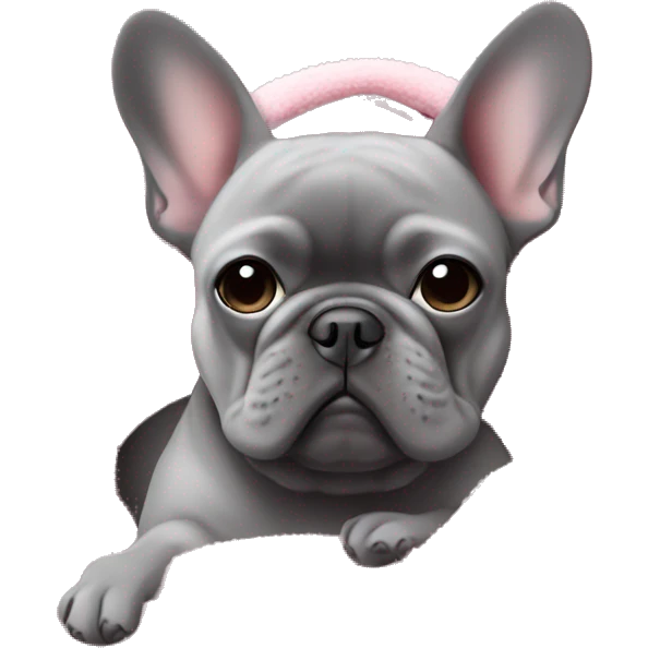 Grey French bulldog cuddled in a pink blanket on a fuzzy couch emoji