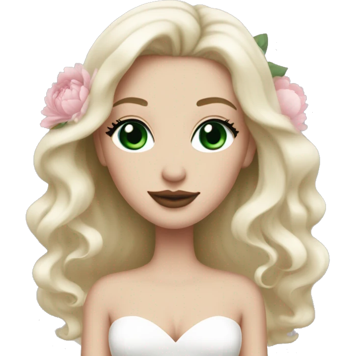 White bride with long light blonde hair and dark green eyes with light pink peonies in hair white skin and pink lipstick emoji