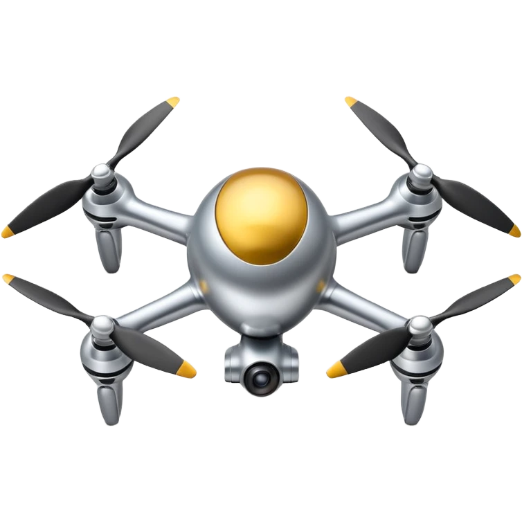 A futuristic drone emoji made of polished silver chrome, smooth rounded body, minimal propellers, reflective metallic surface, soft studio lighting, iOS emoji style, centered, clean white background emoji
