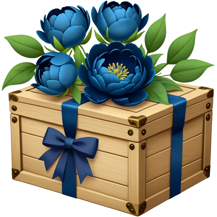 An antique wooden box filled with love blue letters tied with deep green bows, accompanied by a bouquet of navy blue peonies. emoji