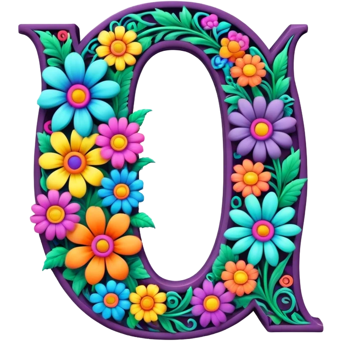 3D, gothic style psychedelic colored capital Letter Q with hippie style flower border emoji