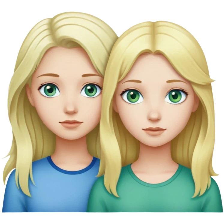 two girls, both blonde. one with blue eyes and one with green eyes. the one with blue has pin straight hair, and the one with green has wavy-ish hair. emoji