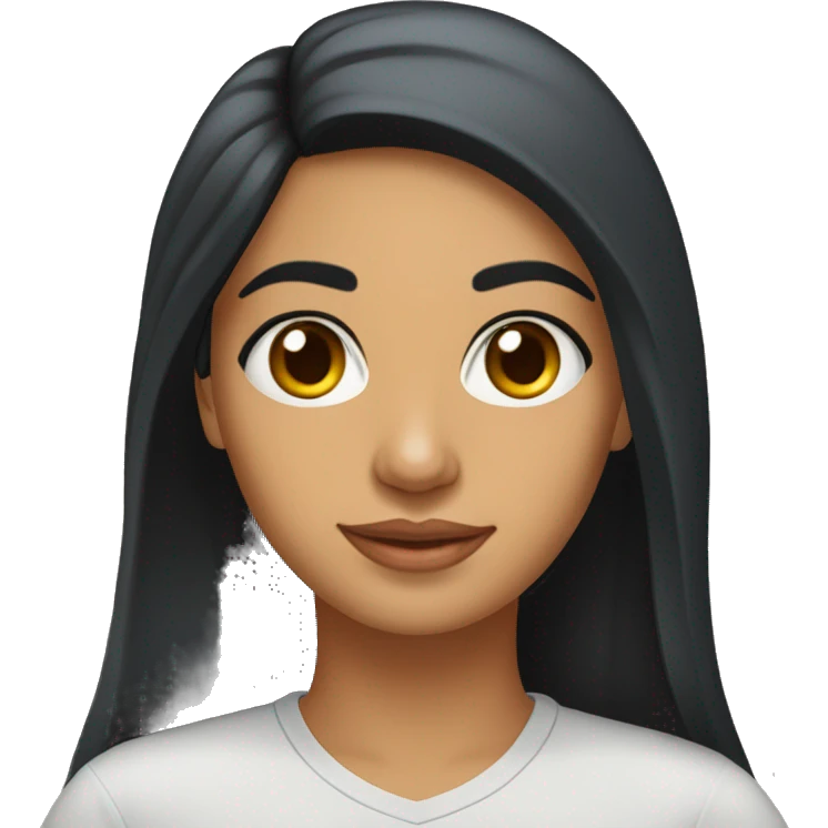 A head and shoulders shot of a 33 year old South Asian woman, with long black hair,   with brown eyes wearing a t-shirt. emoji