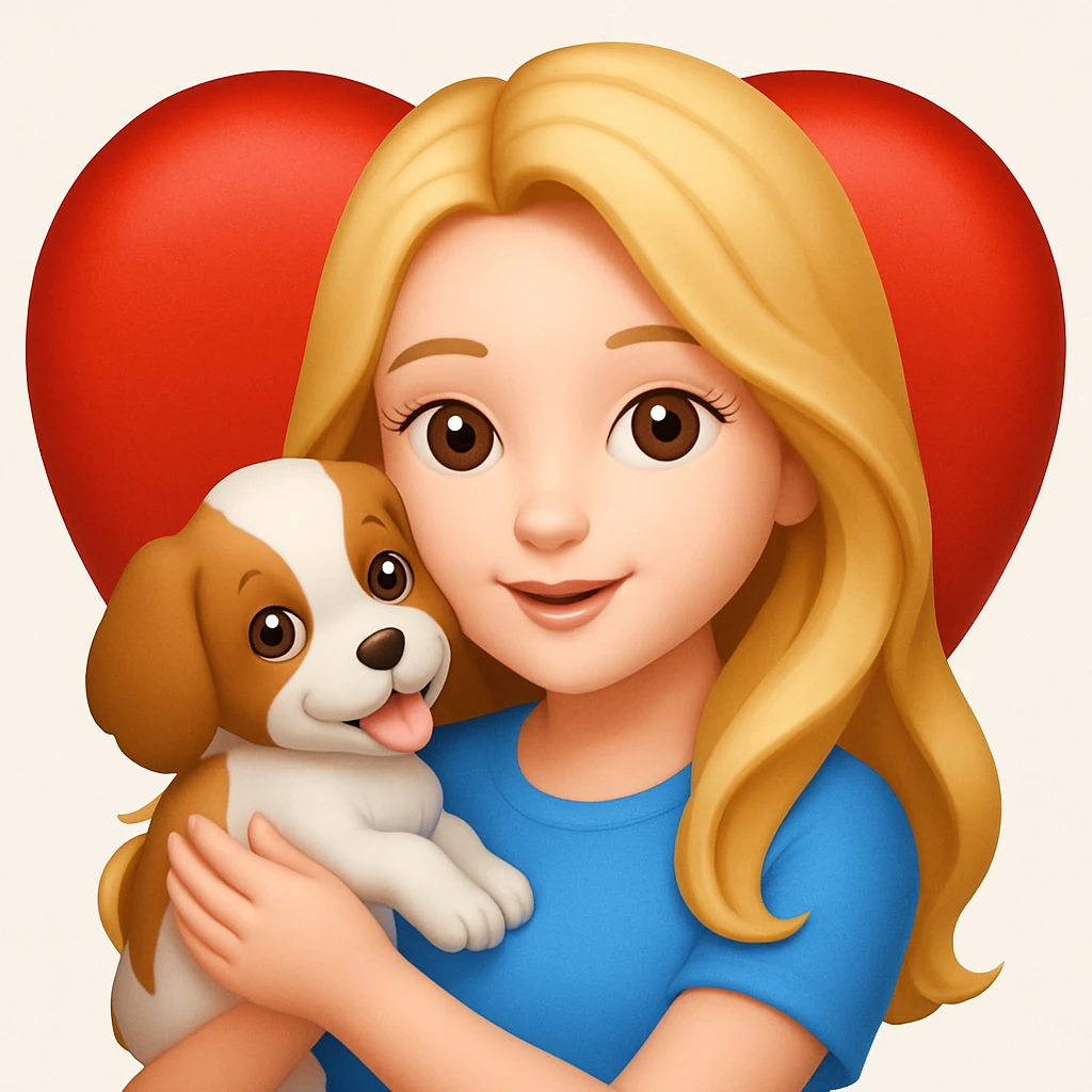 Add a heart background behind the girly girl with long hair playing with a puppy in the style of emoji (apple style emojis). Keep the emoji style look and feel. emoji