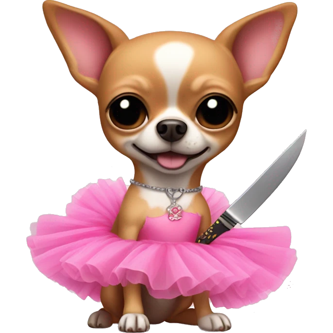 Chihuahua wearing a pink tutu holding a knife emoji