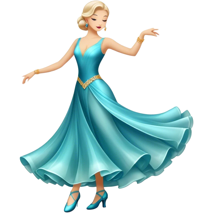 humanless Icon for Ballroom Dance: elegant dance shoes, a flowing ballroom dress, and a dance floor with soft lighting. The icon should capture the grace, elegance, and style of ballroom dancing. Transparent background. emoji