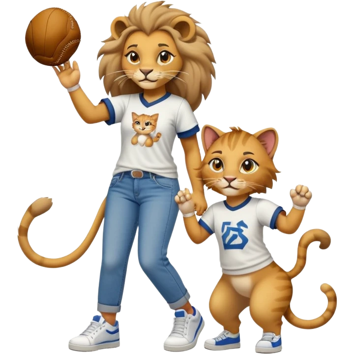 friendly anthropomorphised female lion in a baseball shirt, jeans, and trainers helping a hiphop female cat up after falling emoji