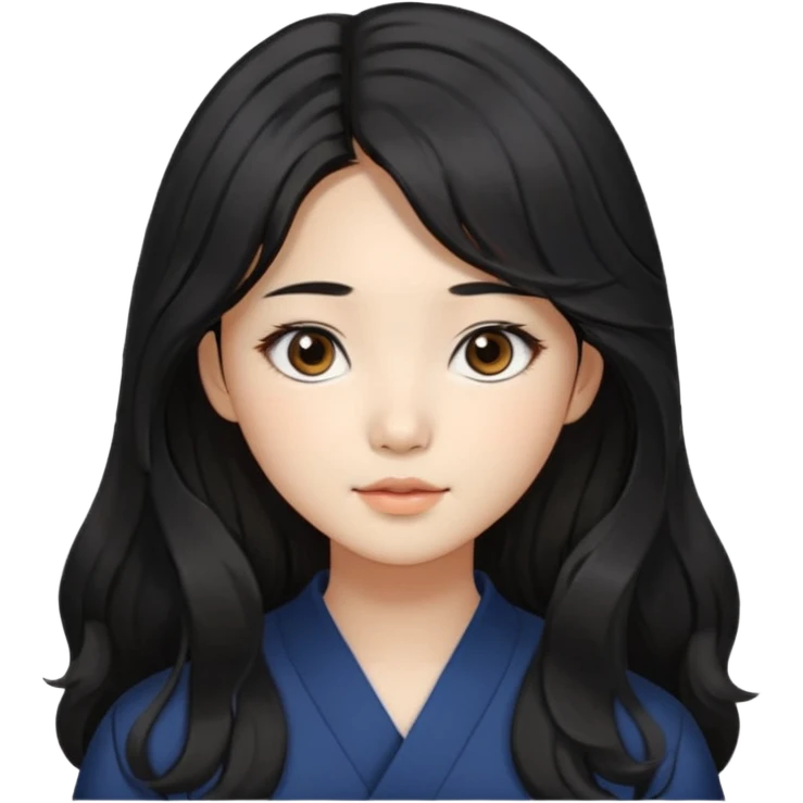 Korean girl with long black hair that is slightly wavy, with a middle part and face framing hairstyle. Asian eyes, brown colored eyes emoji