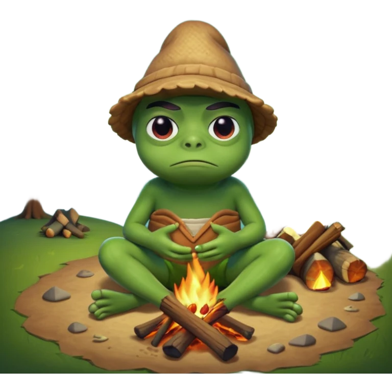 Sukurk pepe 3D vaizdu, prie laužo liudnas. emoji