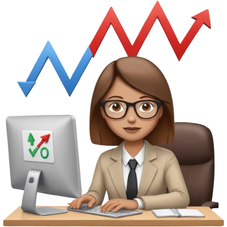 A person sitting at a desk working and looking at a computer with upward arrows and percentage signs, suggesting digital sales, marketing, or outreach. emoji