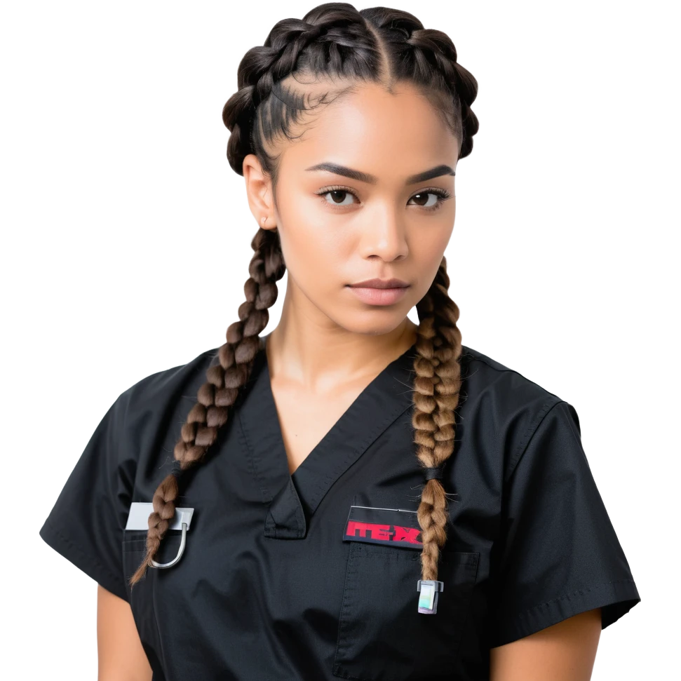 A 40-year-old Latina woman with light brown skin, working as a car mechanic, wearing all black mechanic scrubs, with two braids pulled back from her head emoji