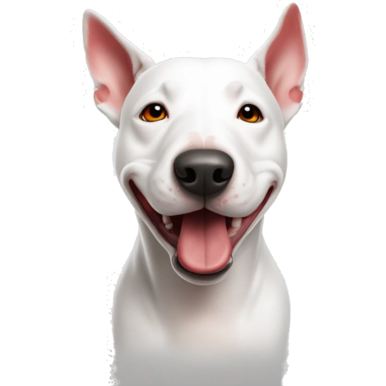 A white bull terrier dog with red and white target on the eye emoji